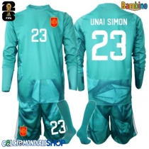 Maglie da calcio Spagna Unai Simon #23 Portiere Seconda Maglia Bambino Mondiali 2026  Manica Lunga + Pantaloni corti)